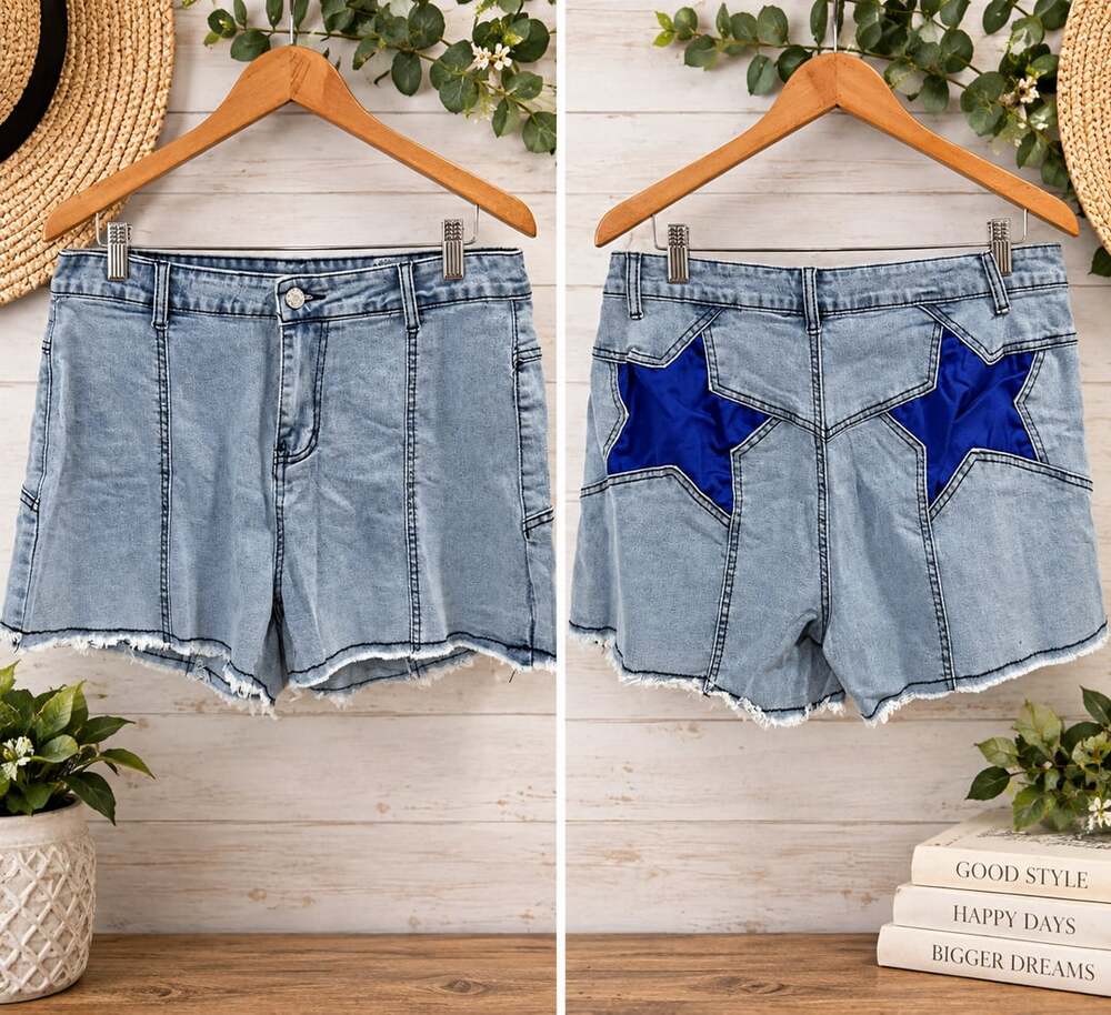 NWOT Denim Shorts Blue Star Back Raw Hem Sz XL 34”